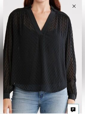 Madewell Black Sheer Swiss Dot V-Neck Blouse